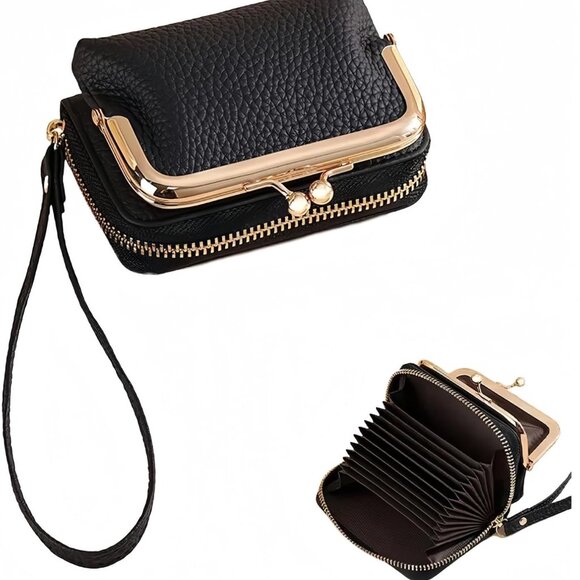 Genuine Leather Card Wallet Women 2-in-1 Removable Wristlet Coin Pouch - Picture 1 of 7